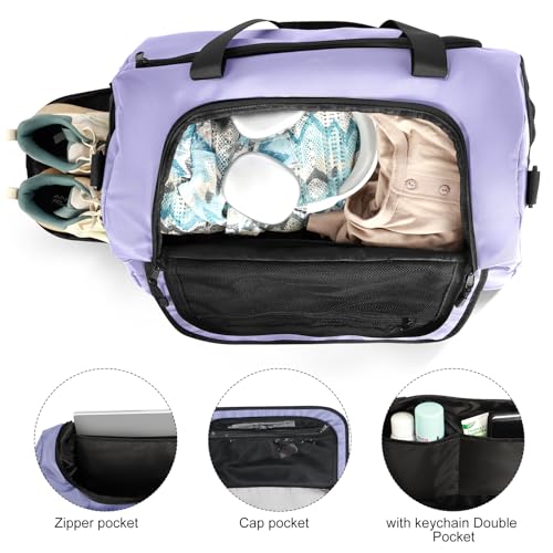 Gym Bag for Men Women, Purple | Shoe Compartment, Wet Pocket, Water Resistant, Shoulder & Messenger Bag, Weekend Overnight Travel - color: Purple