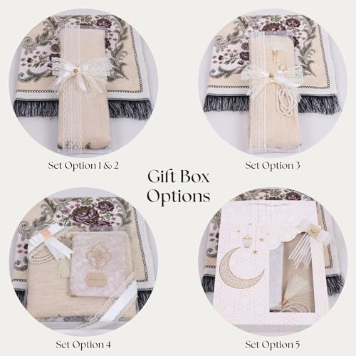 IEF Personalized Prayer Rug Prayer Beads Quran Islamic Gift Set, Ramadan Eid Hajj Umrah Wedding Birthday Mother's Day Father's Day Valentine's Day Gifts (Beige) - color: Beige