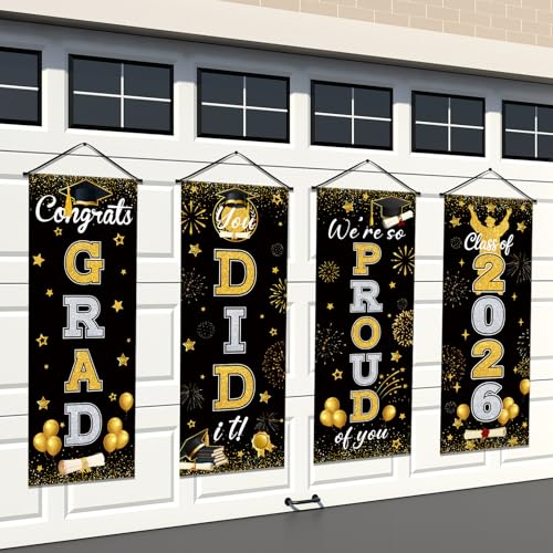 Panelee 4 Pcs Black Gold Graduation Party Decorations 2026 Congrats Grad Porch Banners Class of 2026 Hanging Banner Backdrop for Classroom School Doorway Indoor Outdoor Wall Hanging Decor - style: Black Gold Grad