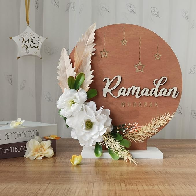 Ramadan Mubarak Artificial Flower Decorations, 12.2in Round Shape Wreaths Desktop Decor, Eid Al-fitr Mubarak Table Ornaments for Muslim Home Desk Fireplace Party Supplies