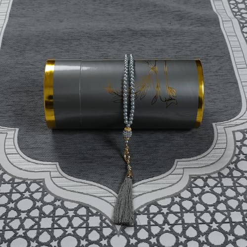 Muslim Prayer Rug and Beads with Elegant Cylinder Gift Box - Portable Chenille Sajjadah for Men Women Kids - Soft Islamic Carpet Mat for Ramadan Eid, Grey - color: Grey