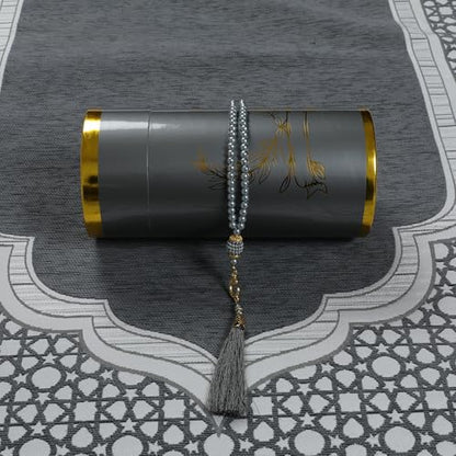 Muslim Prayer Rug and Beads with Elegant Cylinder Gift Box - Portable Chenille Sajjadah for Men Women Kids - Soft Islamic Carpet Mat for Ramadan Eid, Grey - color: Grey