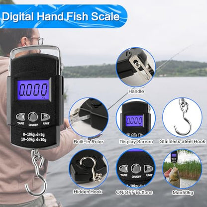 mouhike 113Pcs Fishing Tool Kit, Fishing Bag, Fishing Pliers Hook Remover, Fish Lip Gripper, Fishing Lures Hook Tackle Box, Handheld Digital Scale, Ice Fly Fishing Gear Accessories Set Fishermen Gift - color: Camo