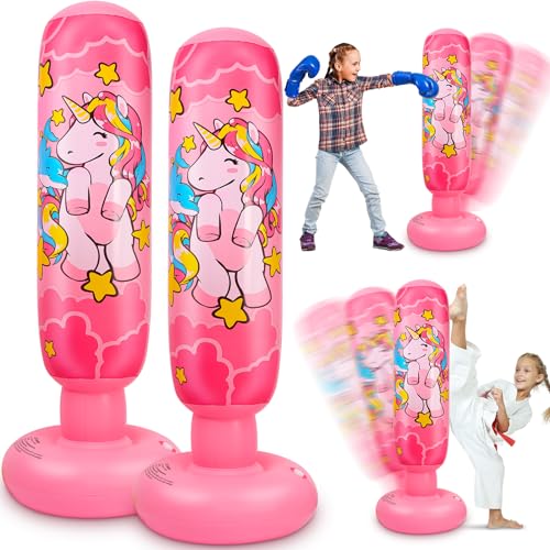 2 Pcs 47" Kids Punching Bag Girls Stable Inflatable Boxing Bag Unicorn Heavy Punch with Instant Bounce Back Movement Kids Workout Equipment Karate Gifts for Girls Karate Taekwond
