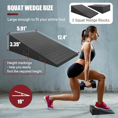 Squat Wedge Block, 1500 LBS Capacity, Non-Slip Heel Elevated Squat Wedge | Storage Bag & Training Poster, 2-Pack Slant Board for Gym Squats to Improve Ankle Mobility, Balance, Strength & Weightlifting