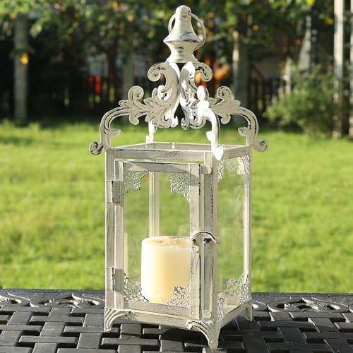 NEEDOMO Lanterns Decorative Indoor, 16" White Hanging Lantern Decor Outdoor, Vintage Metal Large Candle Lantern for Patio, Front Porch, Table, Home Decor, Candle Holder with Clear Glass - color: Beige