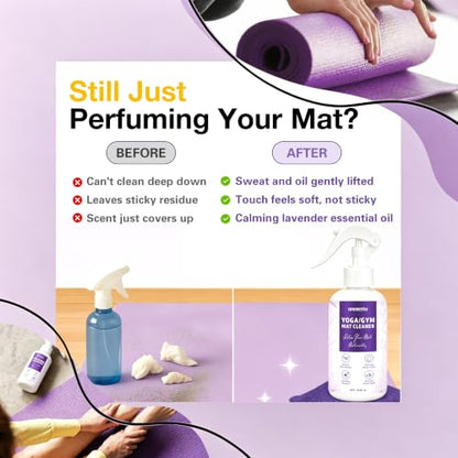 Yoga Mat Cleaner Spray - Powered By Essential Oil,Natural Plant Based | No Sticky Residue | Removes Sweat & Odor | Safe for All Mats(Yoga & Pilates)–Microfiber Towel Included (8.45oz, Lavender) - size: 8.45 Fl Oz (Pack of 1)