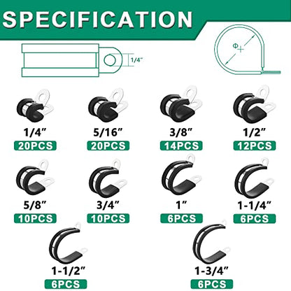 OURU 110PCS Cable Clamps Assortment Kit,Rubber Coated, 1/4"-1-3/4" 10 Sizes | 304 Stainless Steel, Anti-Vibration, Rust Resistant, Secure Hold, Automotive Wire, Pipe & Tube Mounting, Cable Management - size: 110PCS KIT