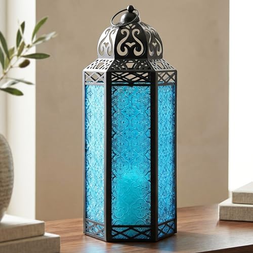 Vela Lanterns Decorative Indoor Candle Holder Table Centerpieces - Moroccan Hanging Outdoor Patio & Porch Home Decor, Turkish Floor Lamp for Wedding, Ramadan (Extra Large 16", Blue Glass) - color: Black/Blue, size: Extra Large