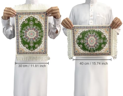 Portable Islamic Prayer Small Mat Classic Pattern Muslim Prayer Rug Small Rug Foldable Salah Carpet Mat with Tassel - color: Green