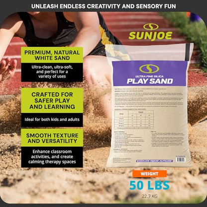 Sun Joe Silica Play Sand for Sandbox, Ultra Fine, PLYSAND50 | 50 Lb Bag - Sensory Table & Gardens, Indoor & Outdoor Craft Accessory for Molding, Digging & Sculpting - size: 50 lb