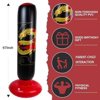 Onirii 66 Inch Kids Inflatable Punching Bag | Large Stable Kids Inflatable Boxing Bag Toy Set with Gloves for Boys & Girls Age 3-12 for Taekwondo,MMA and Practicing Karate - color: Golden Dragon
