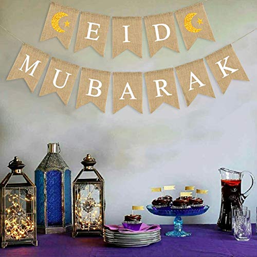 SWYOUN Burlap Eid Mubarak Banner Supplies with Glitter Moon and Star Signs Mantel Fireplace Decoration