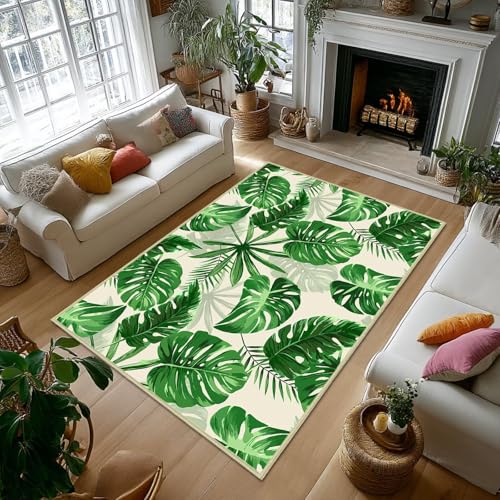 Sage Green Leaves Area Rug 5x7,Plant Leaf Print Area Carpets for Bedroom,Botanical Print,Ultra-Thin Washable Throw Floor Rugs Indoor Non Slip Accent Floor Mats for Living Room,Dining Room,Laundry Room - size: 5'x7'