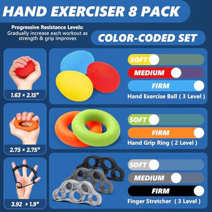 roygra Grip Strength Trainer (8 Pack), Forearm Strengthener, Stress Balls for Adults, Hand Strengthening Devices, Wrist Finger Strengthener, Physical Therapy Exercise Equipment, Golf Baseball Climbing