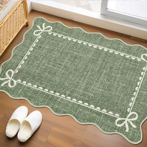 GarveeHome Scalloped Entryway Rug 2x3 Washable Front Door Bow Rug, Green - color: Green, size: 2' x 3' (Rectangular)