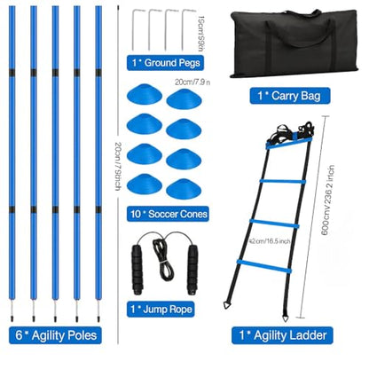 Soccer Agility Training Equipment, 6 Adjustable Soccer Training Agility Poles, 1 Speed Agility Ladder,10 Soccer Agility Cones for Training, 1 Jump Rope + Storage Bag for Youth Soccer Drills - color: blue
