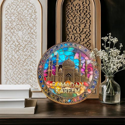 KYMY Ramadan Kareem Hanging Ornament, Acrylic Muslim Islamic Arabic Round Door Pendant, Mosque Ramadan Mubarak Elegant Islamic Hanging Decorations for Arabic Eid Mubarak Wall Door Window Home Office