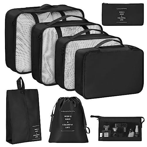 KPX 8 Set Packing Cubes for Travel, Luggage Packing Organizers Accessories Large Toiletries Bag for Clothes Shoes Cosmetics (Black) - color: 8Set-Black