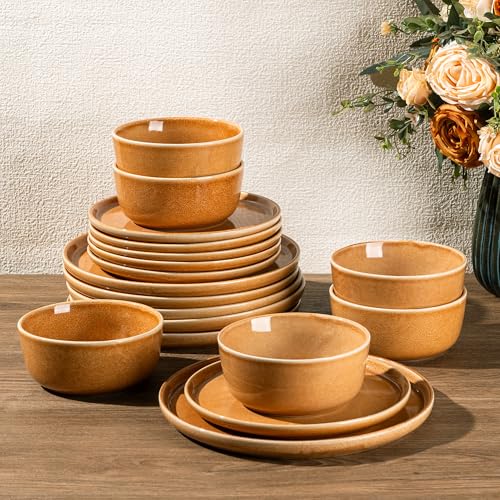 GBHOME Dinnerware Sets for 6, 18 Pieces Ceramic Plates and Bowls Set - color: Amber, size: Service for 6(18Pcs)