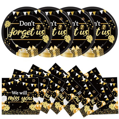 48Pcs We Will Miss You Paper Plates and Napkins Farewell Party Decorations Goodbye Party Supplies Black and Gold Going Away Disposable Tableware Set for Leaving Retirement Graduation Serve 24 - style: We Will Miss You