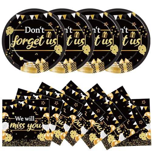 48Pcs We Will Miss You Paper Plates and Napkins Farewell Party Decorations Goodbye Party Supplies Black and Gold Going Away Disposable Tableware Set for Leaving Retirement Graduation Serve 24 - style: We Will Miss You