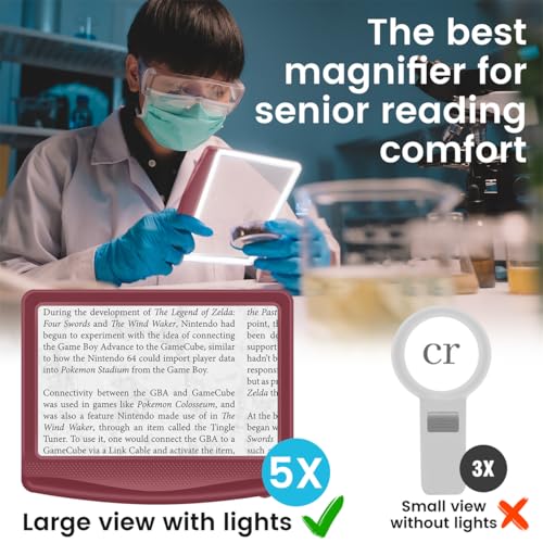 Rechargeable 5X Magnifying Glass for Reading, Large Bright Full Page Magnifier with Light, Handheld LED Dimmable Lighted, Lightweight Book Magnifier for Reading Small Prints Seniors - Red - color: Red