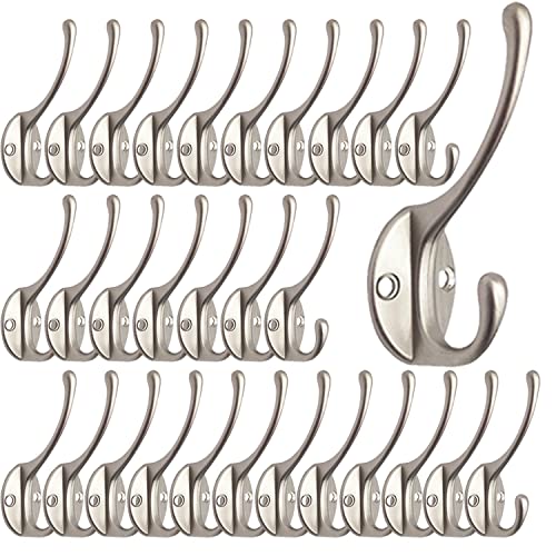 30 Pack Heavy Duty Silvery Dual Coat Hooks for Coat, Bag, Scarf, Hat | Coat Hooks Wall Mounted with 60 Screws Retro Double Hooks Utility Hooks for Towel, Key, Cap, Cup - color: 30 Pcs Silvery