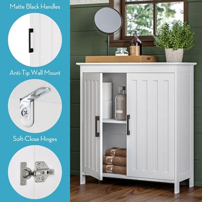 RiverRidge Monroe Two-Door Bathroom Floor Storage Cabinet - White | Linen Cabinet with Adjustable Interior Shelf and Soft Close Hinges, Matte Black Handles