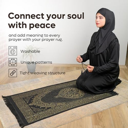 Taffeta Muslim Prayer Rug Set, Black Gold Kaaba Door Gift Box - color: Black/Cylinder Gift Box