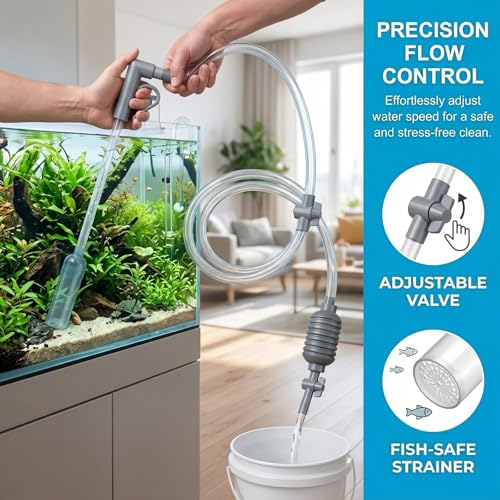 Aquarium Gravel Vacuum Siphon Pump with Flow Control Valve 5.7FT | Gravel Cleaner Water Changer 10-50 Gallon Tanks, J-Hook PVC Hose, Freshwater Saltwater Compatible, Precision Flow Ctrl