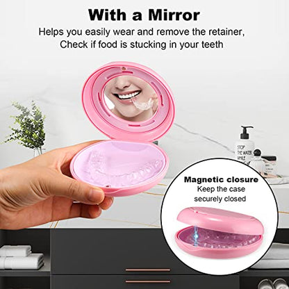 Retainer Case, Slim Aligner Case with Adjustable Vent Holes and Mirror, Compatible with Invisalign, Night Guard and Mouth Guard, Premium Retainer Case, With Aligner Remover Tool, Chew & Brush, Pink - color: Round: Pink