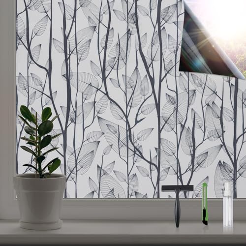 Leaf Pattern Window Tint with Installation Tools, Blackout Window Cover | Sun Blocking Window Tint for Home (Full Blackout Opaque, 23.6'' x 118.1'') - color: Full Blackout Opaque, size: 23.6'' x 118.1''