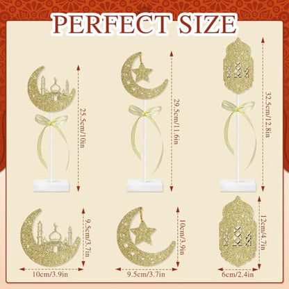 3 Pieces Ramadan Wooden Tabletop Signs Decorations Eid Mubarak Table Centerpieces Decor Set Islamic Ramadan Tiered Tray Decor for Muslim Home Party Tabletop Decor