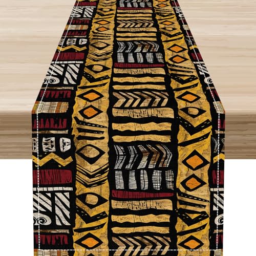 African Tribal Table Runner,Vintage Traditional Abstract Geometric Patterns Black Yellow Rustic Table Center Decor for Farmhouse Kitchen Family Holiday Party Indoor Outdoor, 13"x36" - color: Af Geometric-1, size: 13"X36"