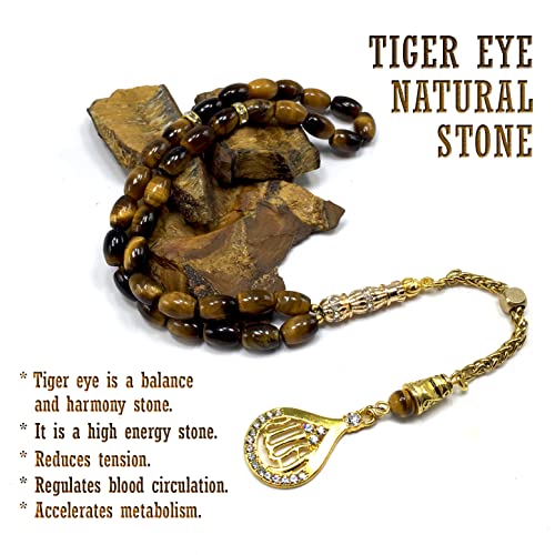 Design -Tiger Eye Stone Series Worry Beads - Prayer Beads (8 mm-33 Beads) Tesbih-Tasbih-Tasbeeh-Misbaha-Masbaha-Subha-Sebha-Sibha-Rosary (-Oval Cut Gold Model 6x9 mm-) - color: -Oval Cut Gold Model 6x9 mm-