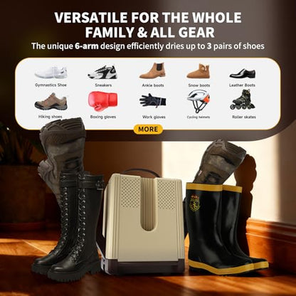 Heapsion 6-Arm Shoe Dryer and Deodorizer, Fast 360° Drying in 15s with Rose Salt Box, Foldable Boot Dryer with Timer for 3 Pairs, Portable for Travel, Home, Gym