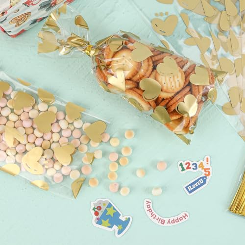 COQOFA 100 Pcs Gold Heart Cello Cellophane Treat Bags - Clear Candy Cookie Bags with Twist Ties for Baby Shower, Valentine, Wedding, Birthday - color: Gold Heart, size: 4x9 in