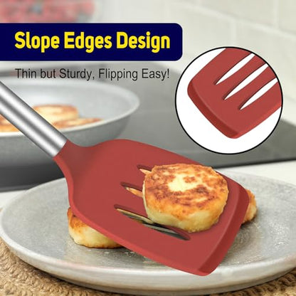 HOTEC Silicone Spatula Set of 2 Heat-Resistant 600°F & BPA-Free Kitchen SaptulaTurner with Stainless Steel Handles, Slotted & Solid Spatulas for Nonstick Cookware, 13.7 Inch, Red - color: Red