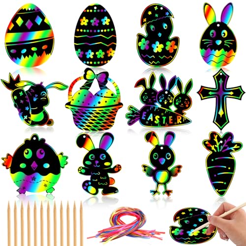 JULMELON 36Pack Easter Crafts for Kids, Bunny Rainbow Scratch Art Paper - style: Easter Crafts