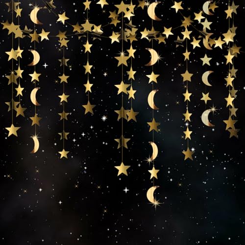 Gold Moon and Stars Decor Star Garland Decorations Hanging Twinkle Little Star Birthday Baby Shower Graduation Starry Night EID Ramadan Muburak Backdrop Party Decor - color: Gold
