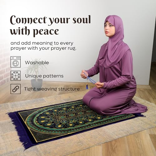 Muslim Prayer Rug, Soft Plush Thin Islamic Prayer Mat, Janamaz, Sajada, Praying Carpet, Islamic Gift for Men & Women, Islamic Ma, Eid & Ramadan Gift with Prayer Beads, 26x43 inch, Blue - color: Kaaba / Royal Blue