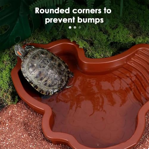 Extra Large Reptile Bathing Pool Reptile Feeding Dish Water Bowl with Ramp Aquarium Ornament for Gecko, Snake, Turtle, Bearded Dragon, Lizard Bath (Brown Red) - color: Brown Red