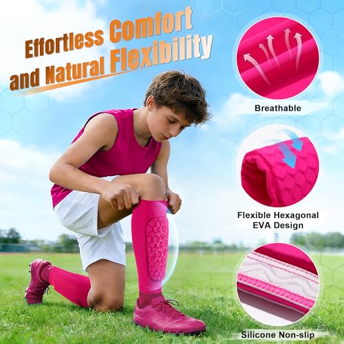 XZQTIVE Soccer Shin Guards Shin Defender for Kids Youth Adult, Ski Shin Guard Calf Compression Sleeve with Honeycomb Shin Pads - color: hot pink, size: XX-Small