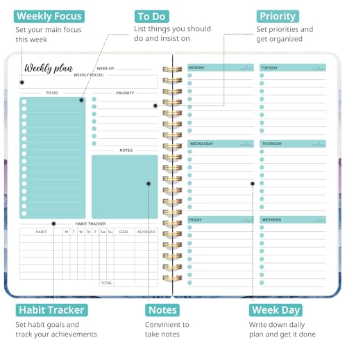 Taja Undated Weekly Planner, Weekly To Do List Notebook with Goal & Habit Tracker Organizer, A5 Weekly Planner Notebook with Spiral Binding, 6.1" x 8.2" - Distant Peaks - color: k.Distant Peaks