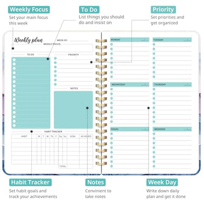 Taja Undated Weekly Planner, Weekly To Do List Notebook with Goal & Habit Tracker Organizer, A5 Weekly Planner Notebook with Spiral Binding, 6.1" x 8.2" - Distant Peaks - color: k.Distant Peaks
