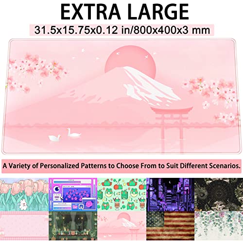 Cherry Blossom Mouse Pad Kawaii Pink Floral Desk Mat, Japanese Pastel Sakura Large Anime Gaming Mousepad XXL, Cute Aesthetic Mount Fuji Japan Keyboard Mats for Women Office Desk Pads 31.5"x15.75" - color: Pink Cherry Blossom
