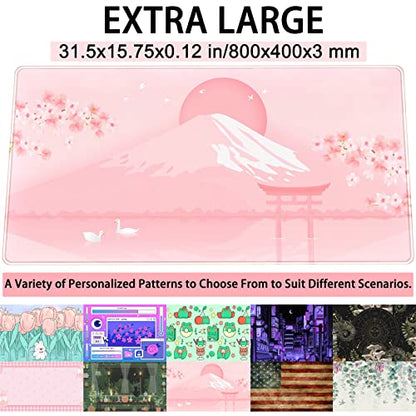 Cherry Blossom Mouse Pad Kawaii Pink Floral Desk Mat, Japanese Pastel Sakura Large Anime Gaming Mousepad XXL, Cute Aesthetic Mount Fuji Japan Keyboard Mats for Women Office Desk Pads 31.5"x15.75" - color: Pink Cherry Blossom