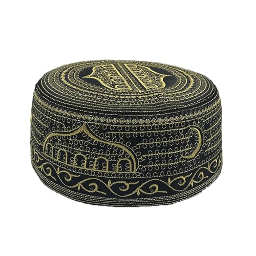 Mens Embroidered Kufi Muslim Prayer Hat Soft Islam Religious Arabic Cap - color: Black&gold, size: Medium