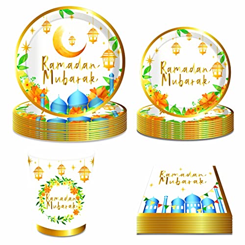 Ramadan Mubarak paper plates 89pcs tableware set,includes 16of 9-inch tableware plates,16 ofdessert plates,16 of 9-ounce cold drink cups, 40 napkins